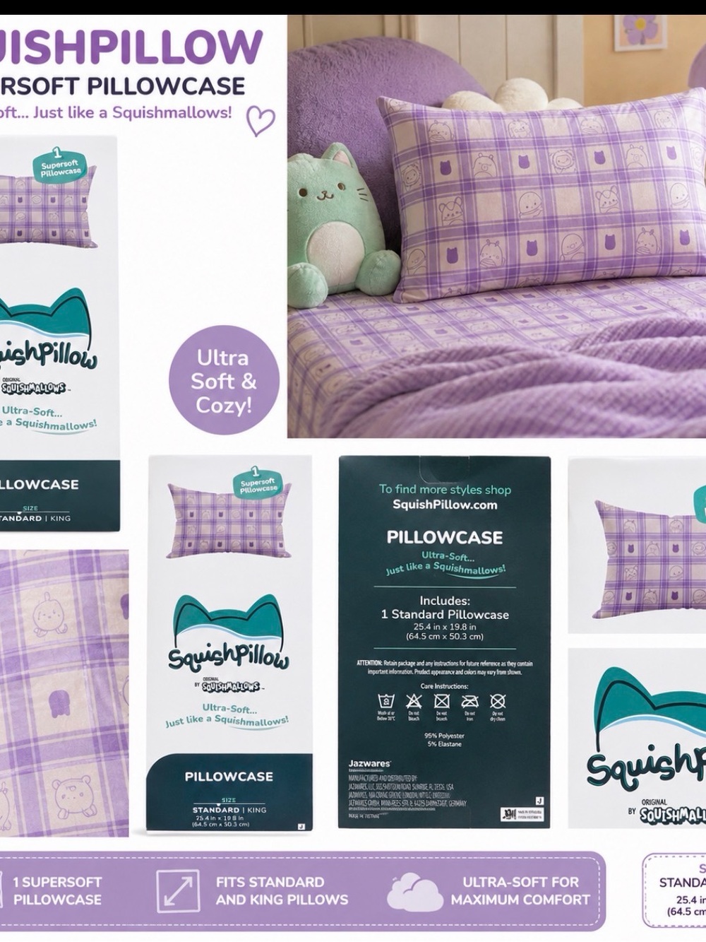 SquishPillow by Squishmallows Supersoft Pillowcase – Purple Plaid New In package